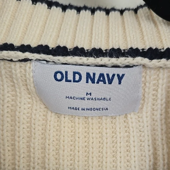 Old Navy Cream Cardigan Sweater with Navy Trim Preppy Nautical Coastal Academic - Picture 2 of 9